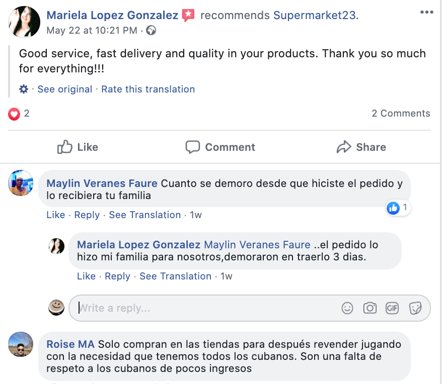 reviews on Facebook for service that helps you send food to Cuba