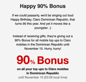 Claro offer for international top ups to Dominican Republic