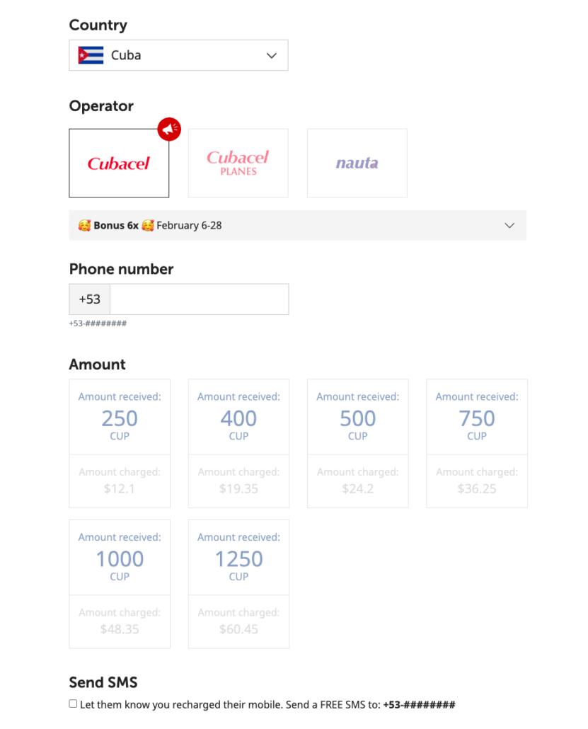 MobileRecharge.com 6x Cubacel promotion