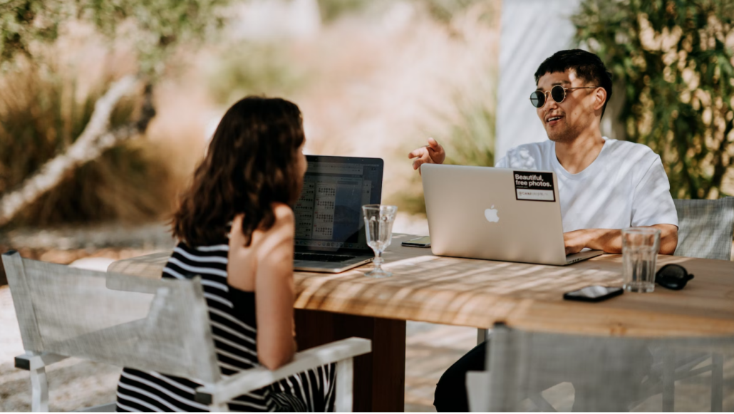 People chatting with the laptop on the table