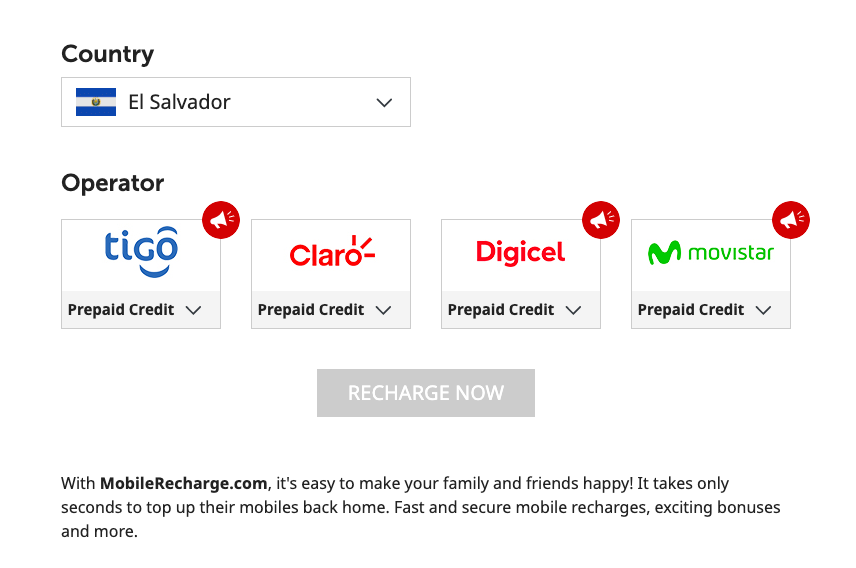 Immigrants from El Salvador use MobileRecharge.com 