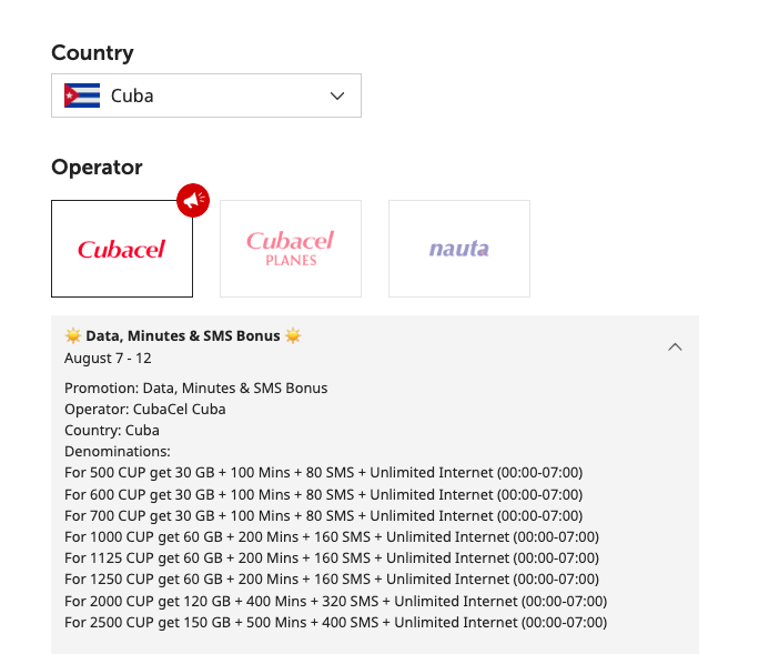 cubacel recharge promotion in august 2023