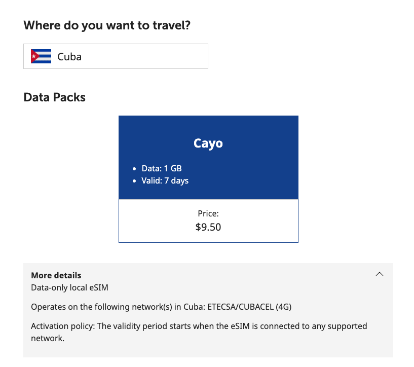 Cayo data pack - travel esim Cuba