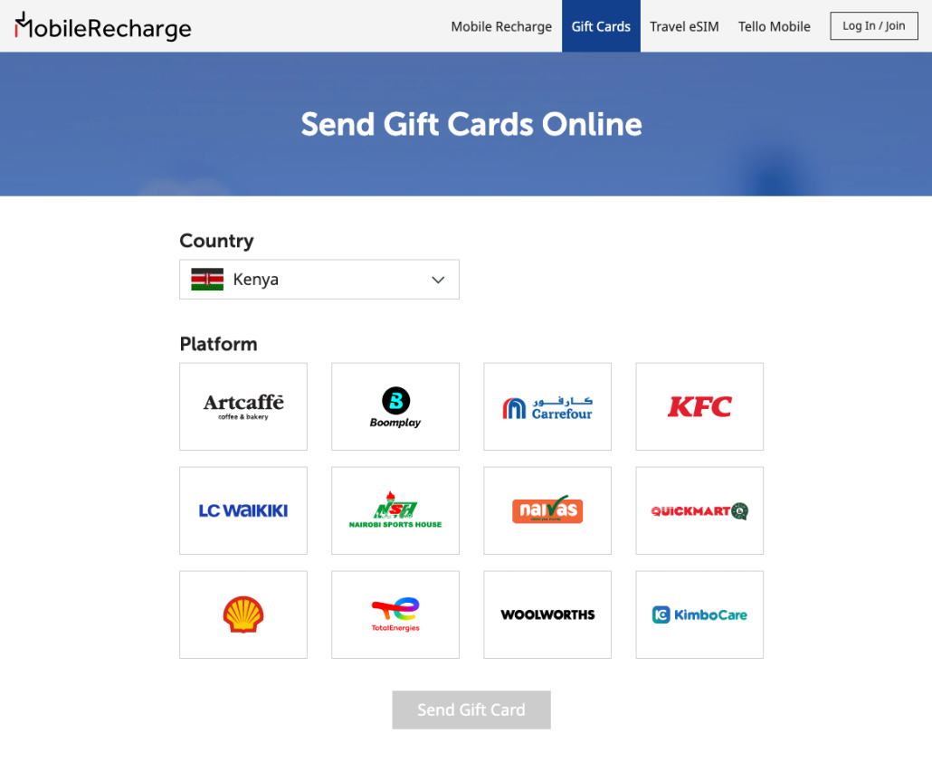 MobileRecharge.com for gift cards to Kenya